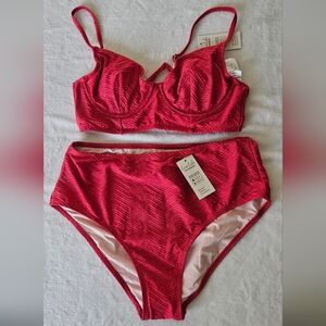 Cupshe Metallic Wave Texture Pink Bikini M/L Set NWT